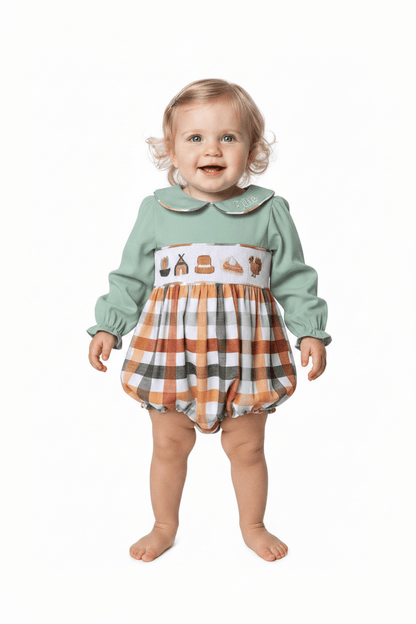 The Smocked Flamingo Apparel & Accessories Smocked Thanksgiving Feast Sage Plaid Bubble