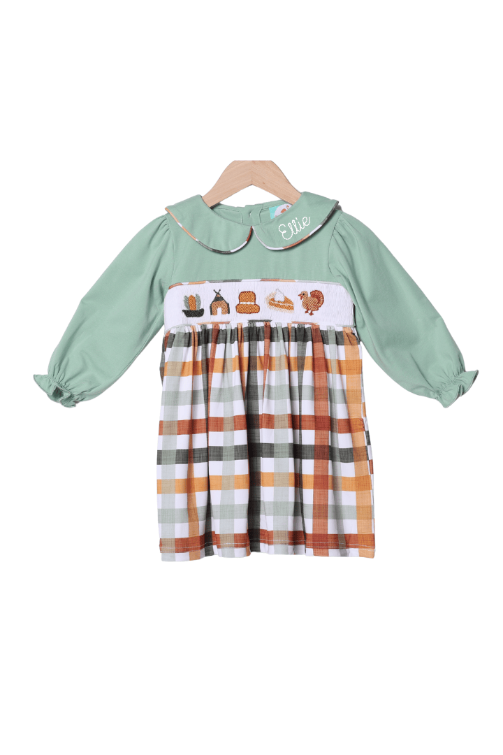 The Smocked Flamingo Apparel & Accessories Smocked Thanksgiving Feast Sage Plaid Dress