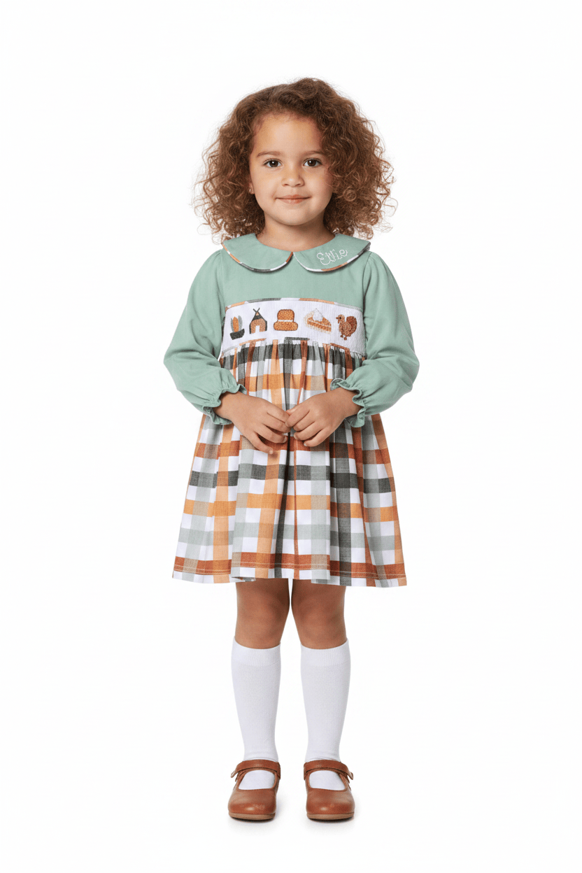 The Smocked Flamingo Apparel & Accessories Smocked Thanksgiving Feast Sage Plaid Dress