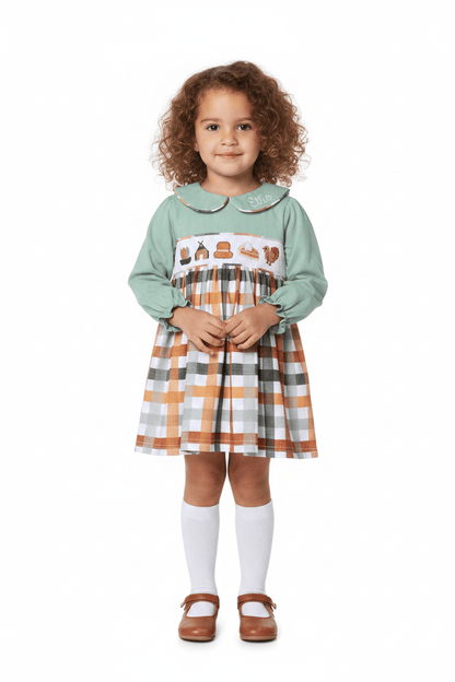 The Smocked Flamingo Apparel & Accessories Smocked Thanksgiving Feast Sage Plaid Dress