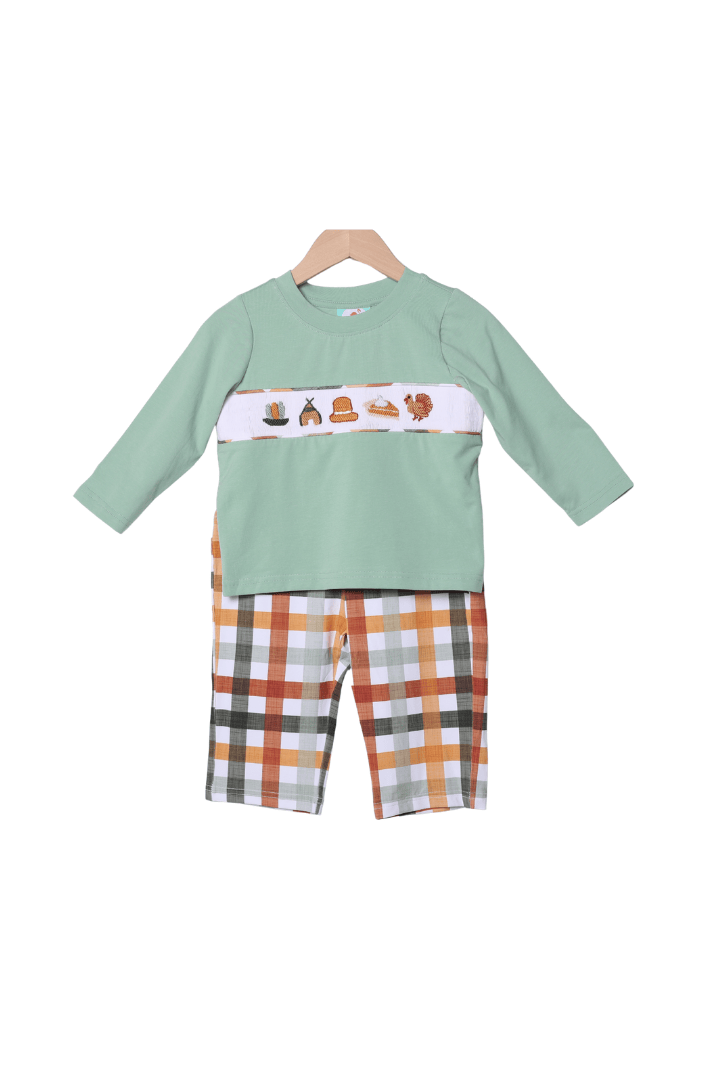 The Smocked Flamingo Apparel & Accessories Smocked Thanksgiving Feast Sage Plaid Pant Set