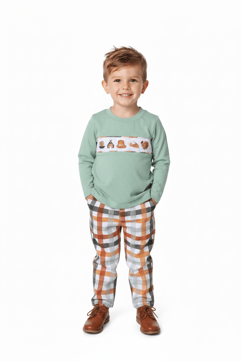 The Smocked Flamingo Apparel & Accessories Smocked Thanksgiving Feast Sage Plaid Pant Set