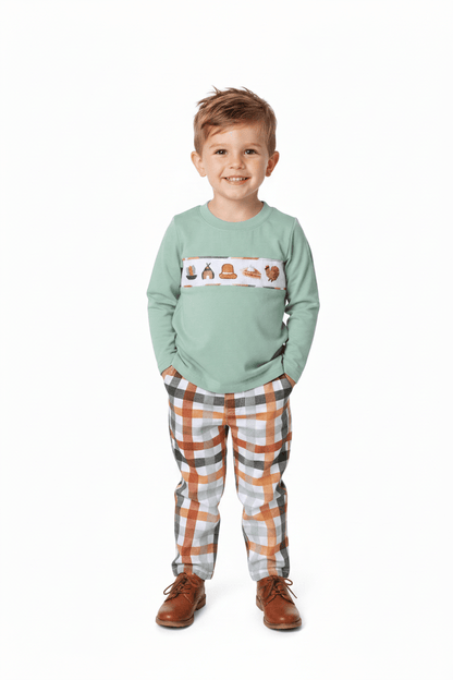 The Smocked Flamingo Apparel & Accessories Smocked Thanksgiving Feast Sage Plaid Pant Set