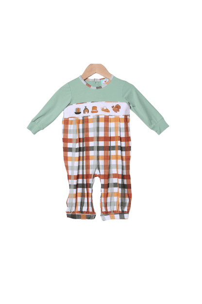 The Smocked Flamingo Apparel & Accessories Smocked Thanksgiving Feast Sage Plaid Romper