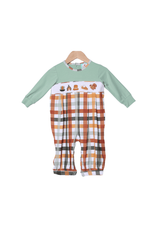 The Smocked Flamingo Apparel & Accessories Smocked Thanksgiving Feast Sage Plaid Romper