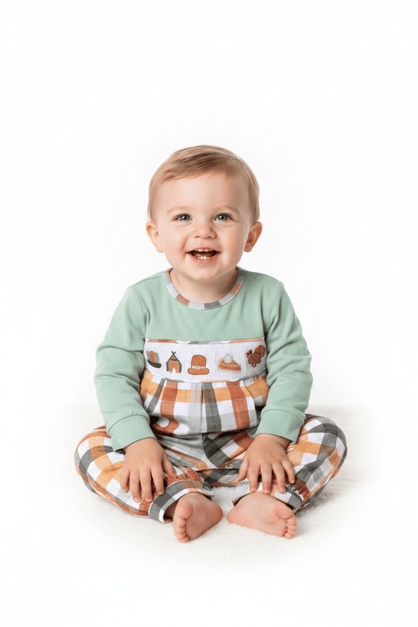The Smocked Flamingo Apparel & Accessories Smocked Thanksgiving Feast Sage Plaid Romper