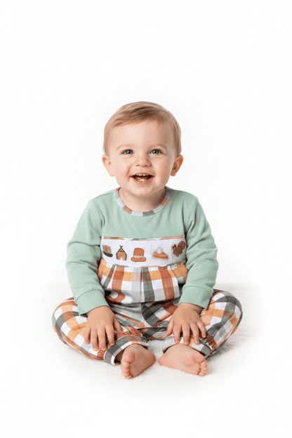 The Smocked Flamingo Apparel & Accessories Smocked Thanksgiving Feast Sage Plaid Romper