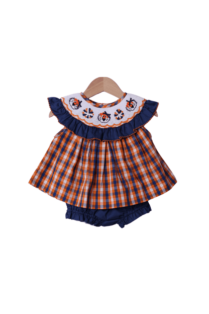 The Smocked Flamingo Apparel & Accessories Smocked Tigers Navy/Orange Gingham Bloomer Set