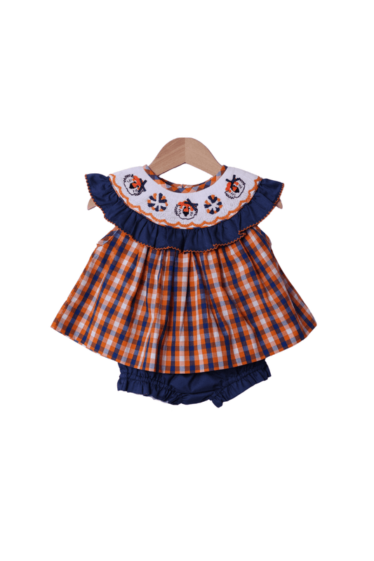 The Smocked Flamingo Apparel & Accessories Smocked Tigers Navy/Orange Gingham Bloomer Set