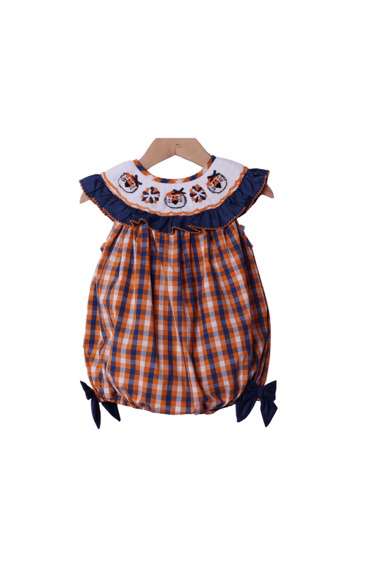 The Smocked Flamingo Apparel & Accessories Smocked Tigers Navy/Orange Gingham Bubble