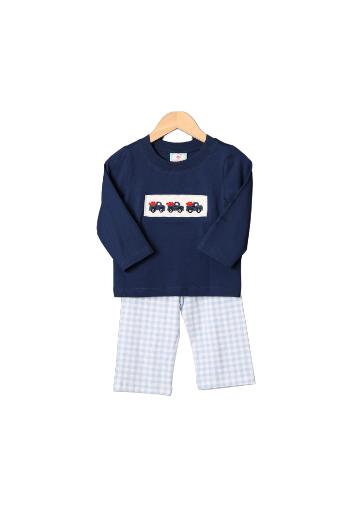 The Smocked Flamingo Apparel & Accessories Smocked Truck Full of Love Blue Gingham Pant Set