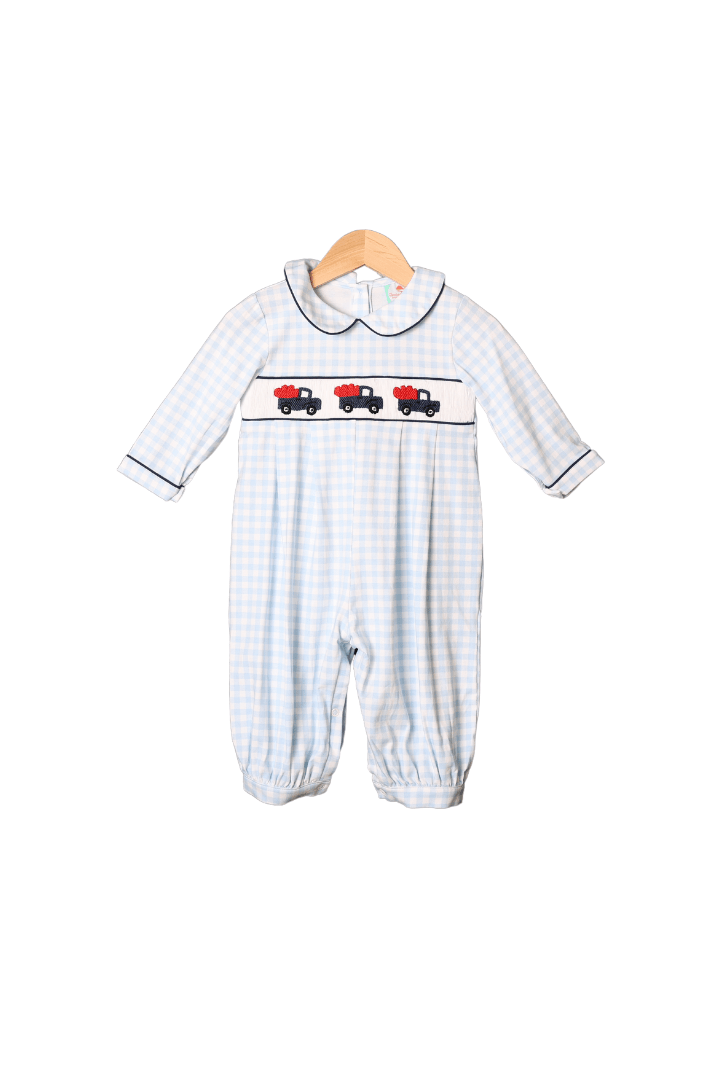 The Smocked Flamingo Apparel & Accessories Smocked Truck Full of Love Blue Gingham Romper