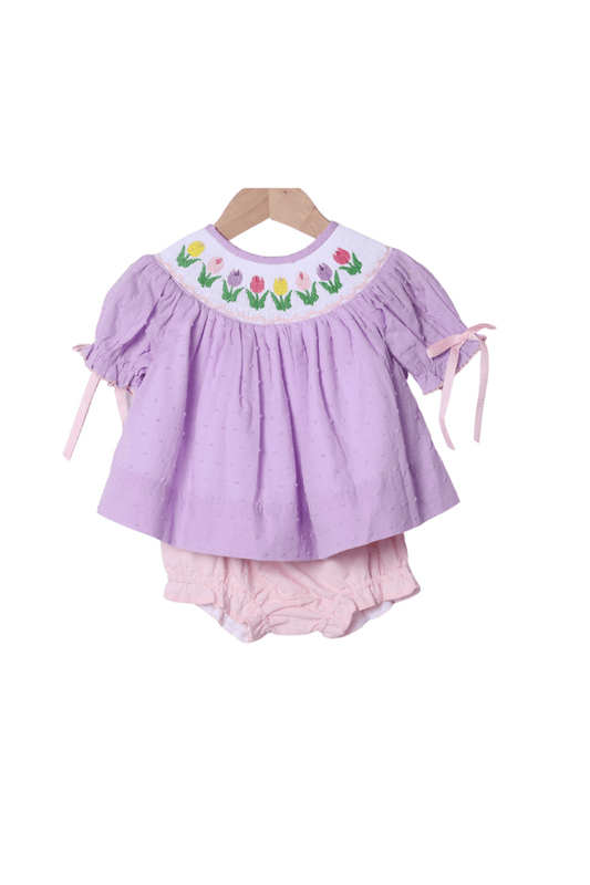 The Smocked Flamingo Apparel & Accessories Smocked Tulips Lavender Swiss Dot Bloomer Set