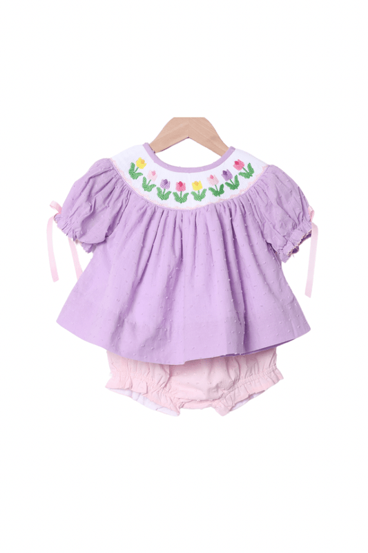 The Smocked Flamingo Apparel & Accessories Smocked Tulips Lavender Swiss Dot Bloomer Set