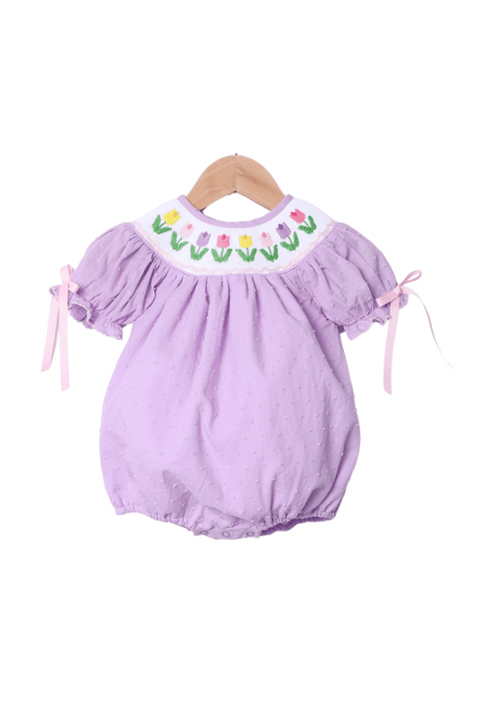 The Smocked Flamingo Apparel & Accessories Smocked Tulips Lavender Swiss Dot Bubble