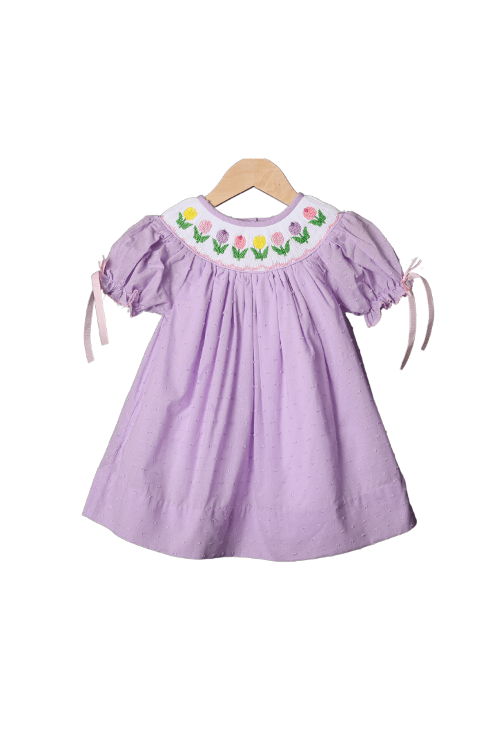 The Smocked Flamingo Apparel & Accessories Smocked Tulips Lavender Swiss Dot Dress