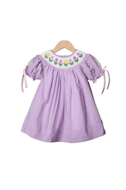 The Smocked Flamingo Apparel & Accessories Smocked Tulips Lavender Swiss Dot Dress