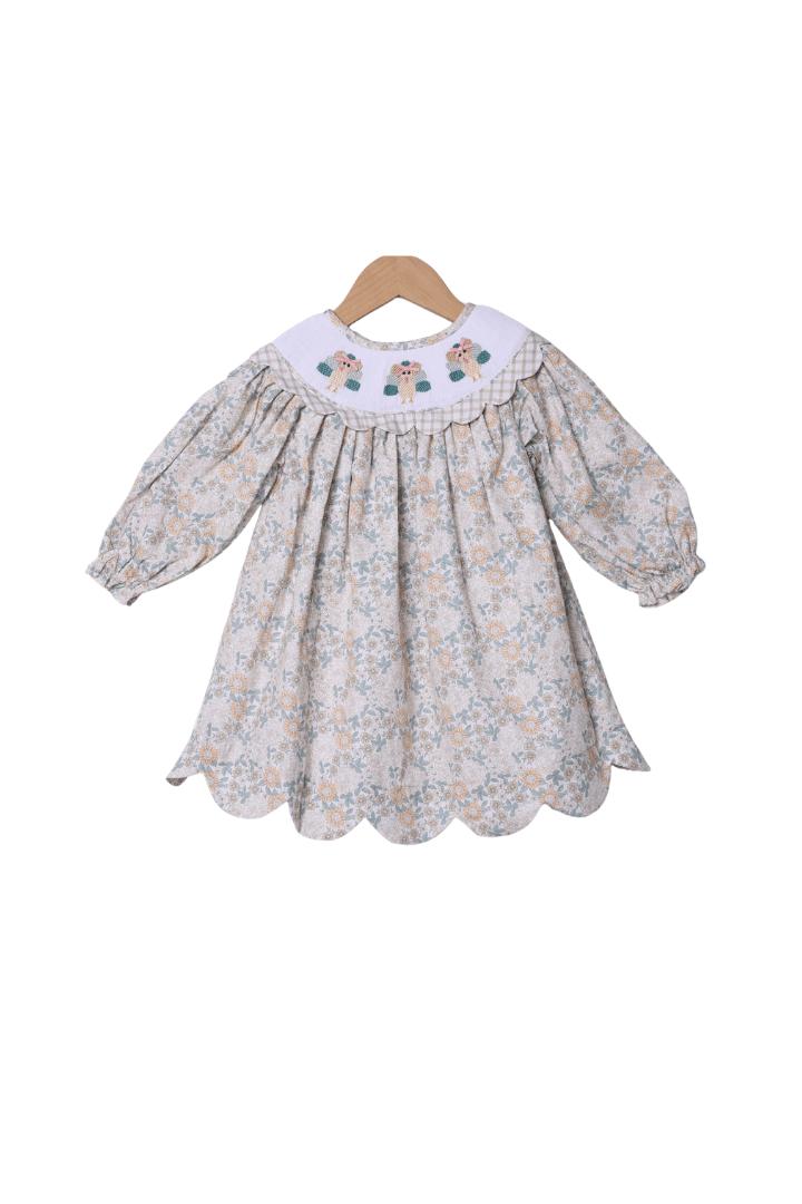 The Smocked Flamingo Apparel & Accessories Smocked Turkey Autumn Floral Scalloped Dress