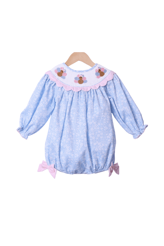The Smocked Flamingo Apparel & Accessories Smocked Turkey Blue Floral Scalloped Bubble