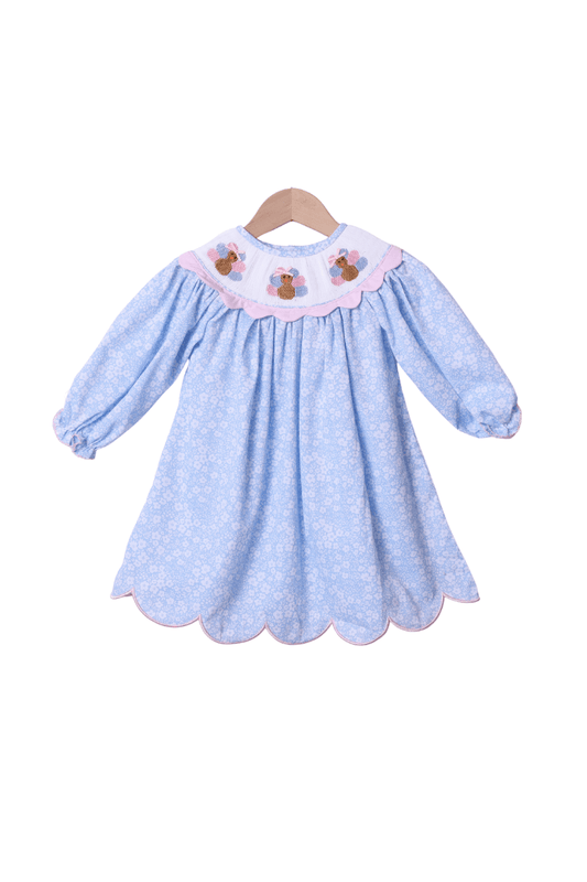 The Smocked Flamingo Apparel & Accessories Smocked Turkey Blue Floral Scalloped Dress