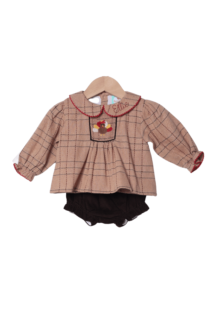 The Smocked Flamingo Apparel & Accessories Smocked Turkey Fall Flannel and Corduroy Bloomer Set