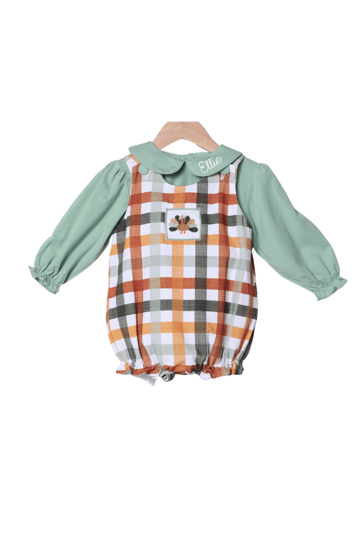 The Smocked Flamingo Apparel & Accessories Smocked Turkey Fall Plaid Bubble/Shirt