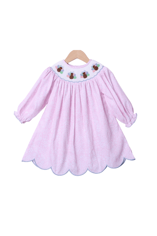 The Smocked Flamingo Apparel & Accessories Smocked Turkey Pink Floral Scalloped Dress