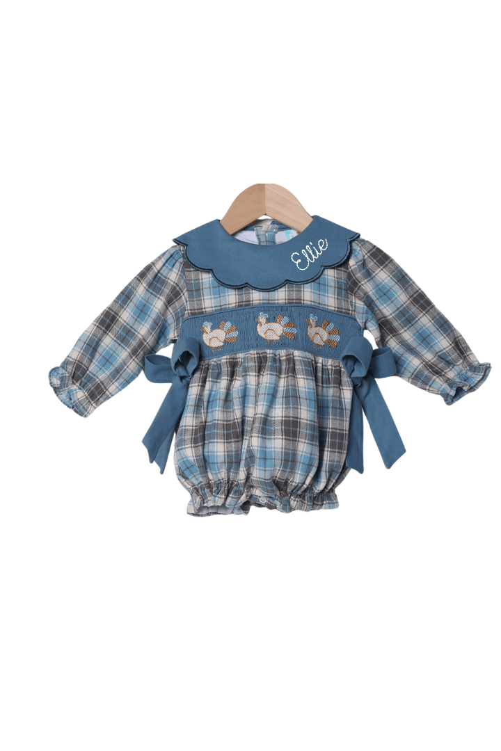 The Smocked Flamingo Apparel & Accessories Smocked Turkey Stone Blue Plaid Bow Bubble