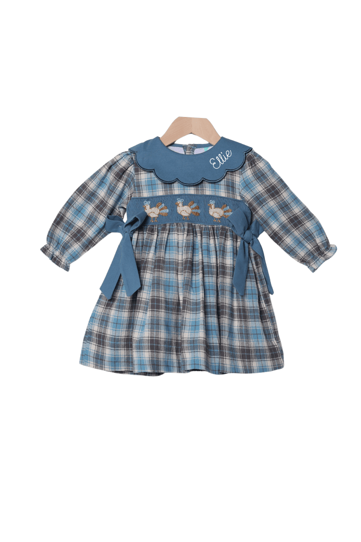 The Smocked Flamingo Apparel & Accessories Smocked Turkey Stone Blue Plaid Bow Dress