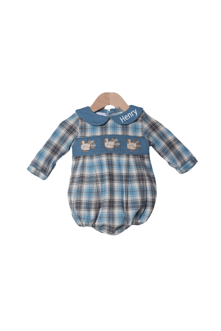 The Smocked Flamingo Apparel & Accessories Smocked Turkey Stone Blue Plaid Bubble