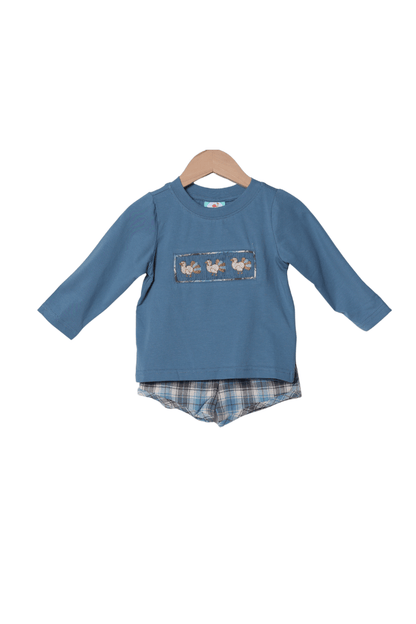 The Smocked Flamingo Apparel & Accessories Smocked Turkey Stone Blue Plaid Short Set
