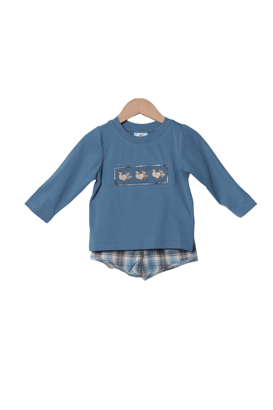 The Smocked Flamingo Apparel & Accessories Smocked Turkey Stone Blue Plaid Short Set