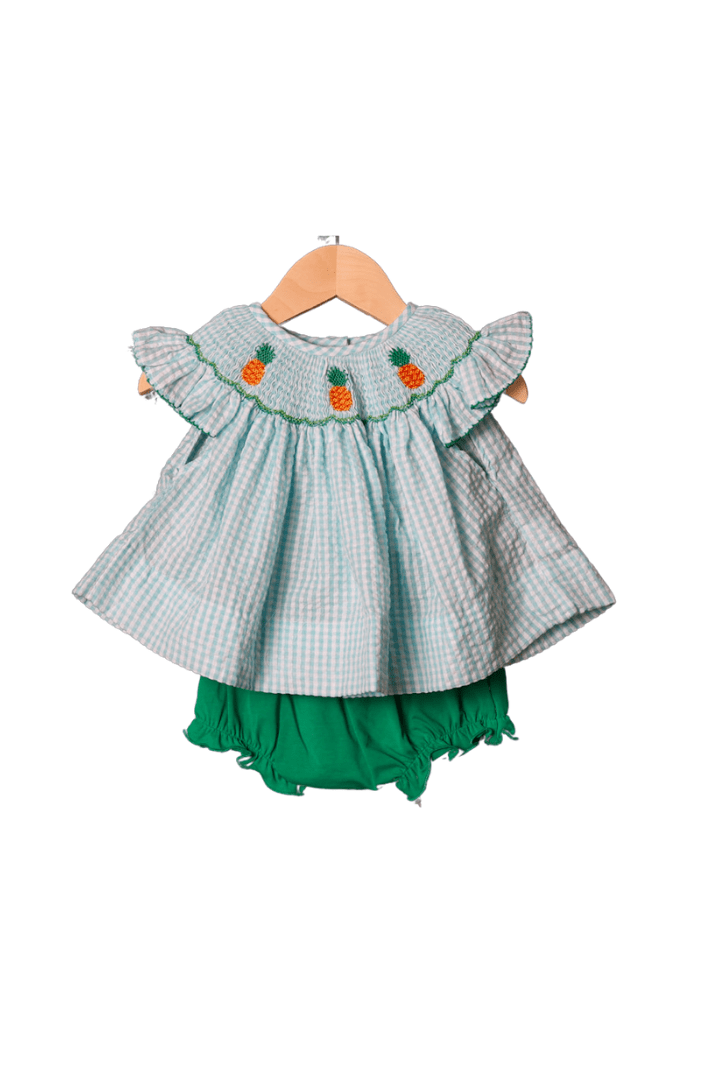 The Smocked Flamingo Apparel & Accessories Smocked Turquoise Gingham Pineapple Bloomer Set