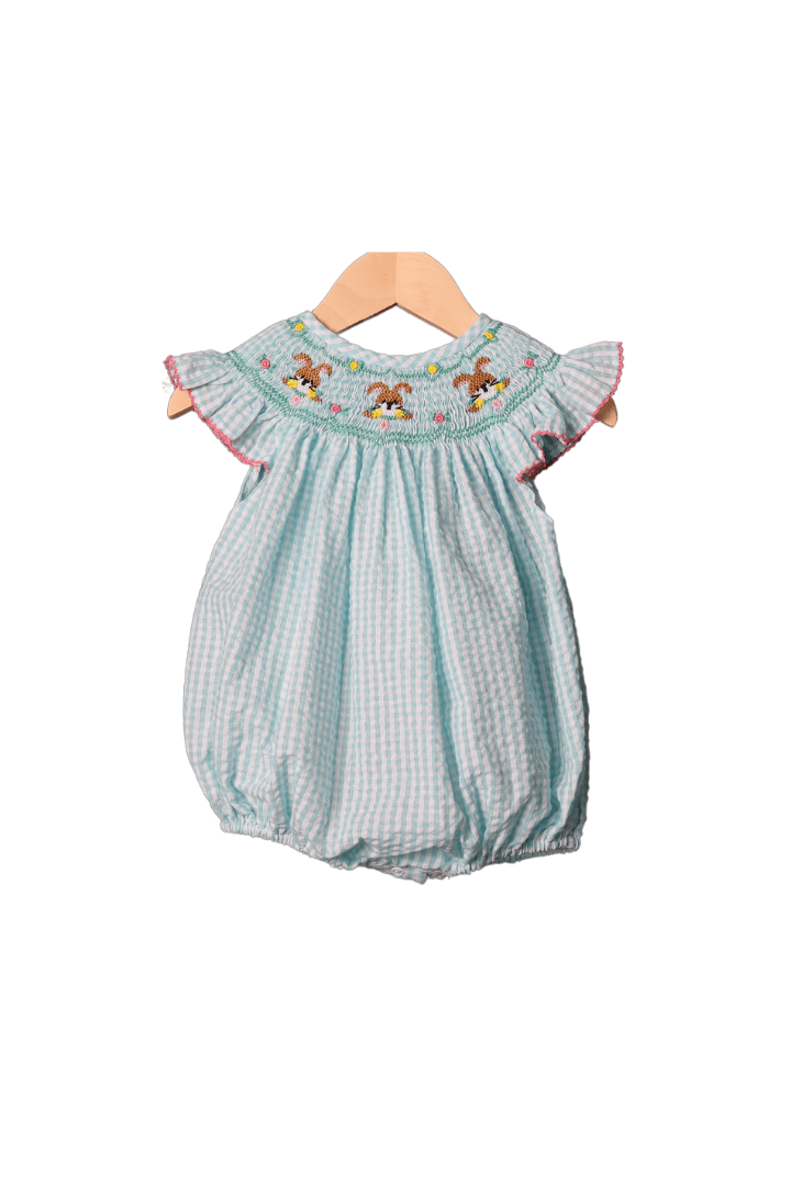 The Smocked Flamingo Apparel & Accessories Smocked Turquoise Gingham Seersucker Easter Bunny Bubble