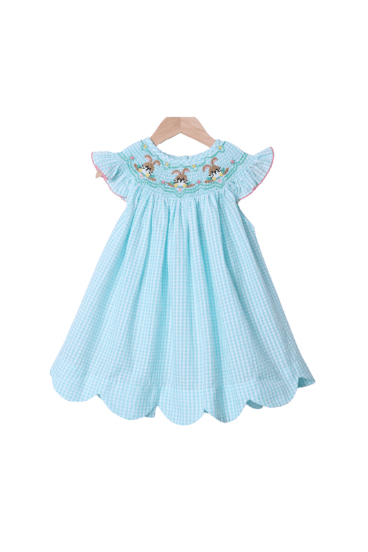 The Smocked Flamingo Apparel & Accessories Smocked Turquoise Gingham Seersucker Easter Bunny Dress