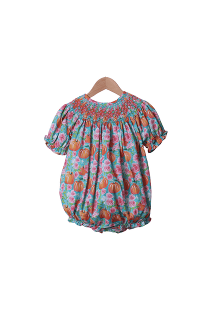 The Smocked Flamingo Apparel & Accessories Smocked Turquoise Heirloom Floral Pumpkin Bubble