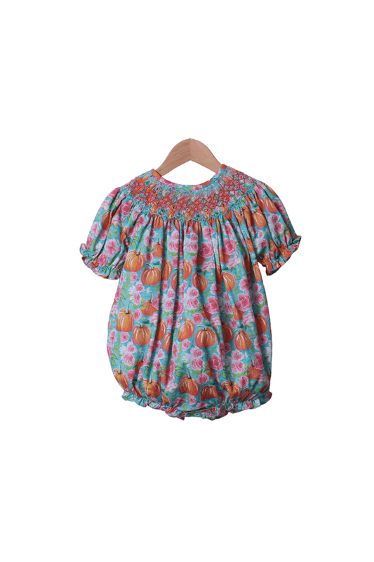 The Smocked Flamingo Apparel & Accessories Smocked Turquoise Heirloom Floral Pumpkin Bubble