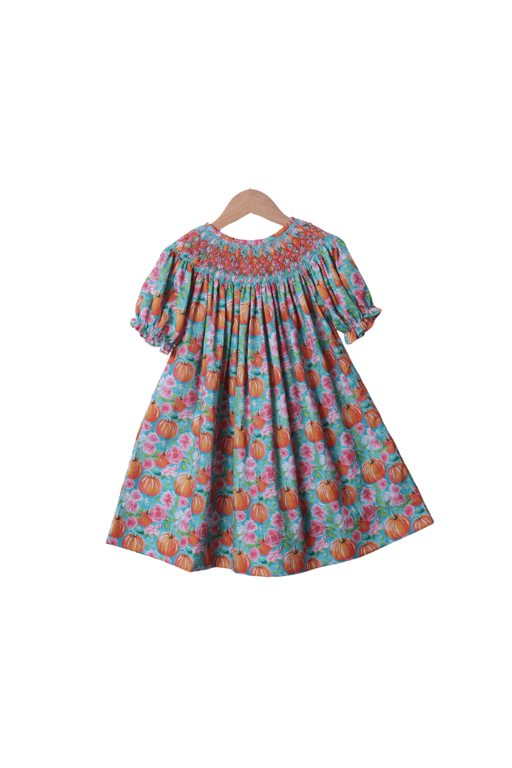 The Smocked Flamingo Apparel & Accessories Smocked Turquoise Heirloom Floral Pumpkin Dress