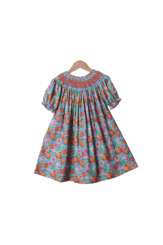 The Smocked Flamingo Apparel & Accessories Smocked Turquoise Heirloom Floral Pumpkin Dress