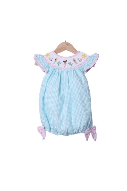 The Smocked Flamingo Apparel & Accessories Smocked Turquoise Seersucker Mermaid Bubble
