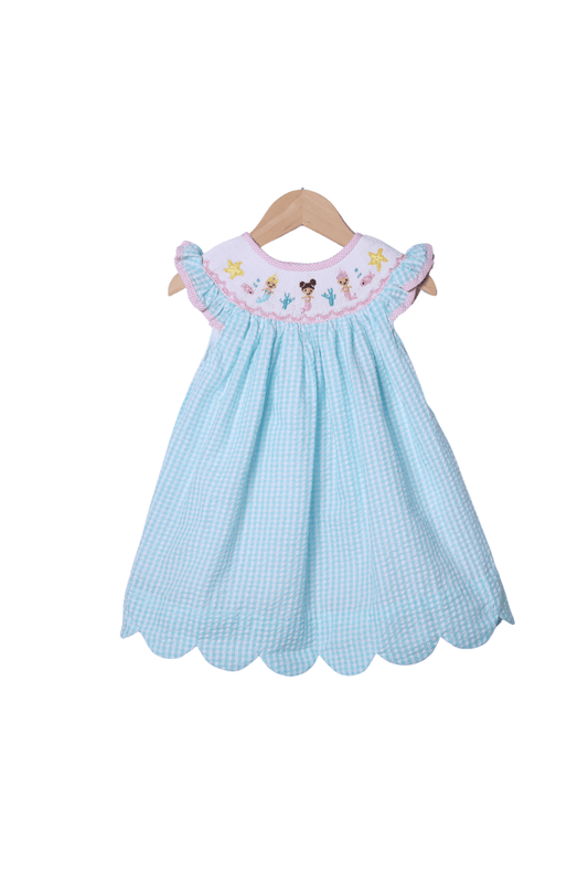 The Smocked Flamingo Apparel & Accessories Smocked Turquoise Seersucker Mermaid Dress