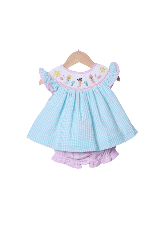 The Smocked Flamingo Apparel & Accessories Smocked Turquoise Seersucker Mermaid Set