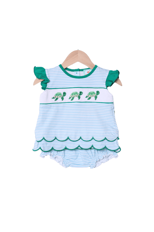The Smocked Flamingo Apparel & Accessories Smocked Turtle Blue/Green Stripe Bloomer Set