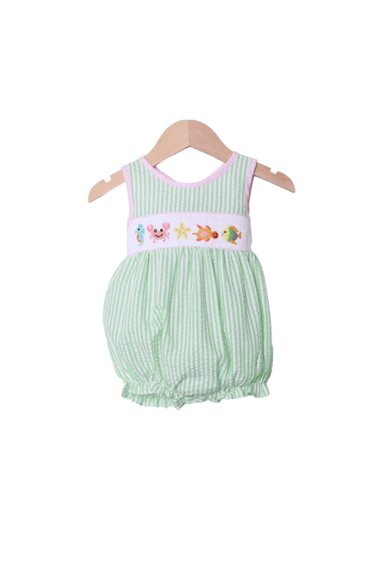 The Smocked Flamingo Apparel & Accessories Smocked Under The Sea Green Seersucker Bubble