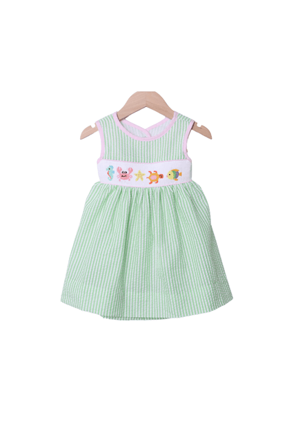The Smocked Flamingo Apparel & Accessories Smocked Under The Sea Green Seersucker Dress