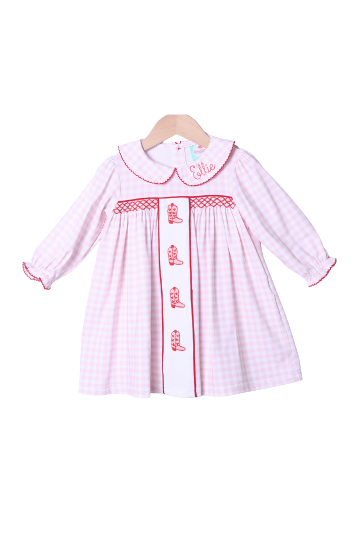 The Smocked Flamingo Apparel & Accessories Smocked Valentine Boots Pink Gingham Dress