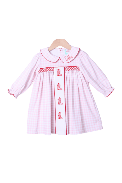 The Smocked Flamingo Apparel & Accessories Smocked Valentine Boots Pink Gingham Dress