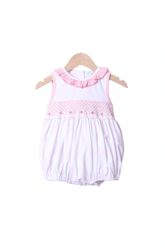 The Smocked Flamingo Apparel & Accessories Smocked White and Pink Heirloom Trellis Bubble