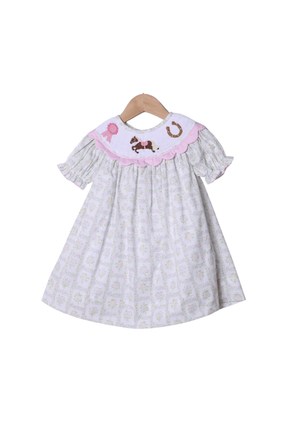 The Smocked Flamingo Apparel & Accessories Smocked Winner's Circle Horse Pink Scalloped Dress