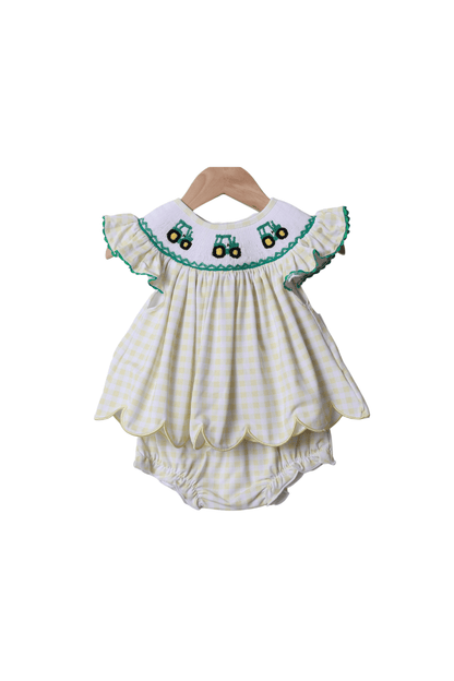 The Smocked Flamingo Apparel & Accessories Smocked Yellow Green Tractor Bloomer Set